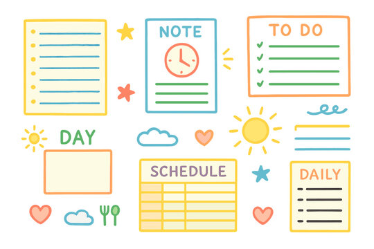 Productivity tools flat icon set. featuring schedule, to-do, daily plan, notes, and day planner symbols