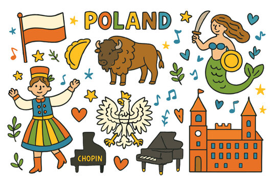 Polish culture flat icon set. featuring mermaid, bison, eagle, castle, soldier, flag, piano, and chopin symbols