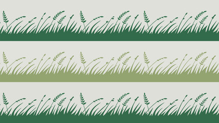 Three horizontal rows of green grass and wheat illustrations on a light background pattern design