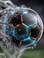 Naklejka premium Stunning Futuristic Soccer Ball Breaking Through Goal Netting