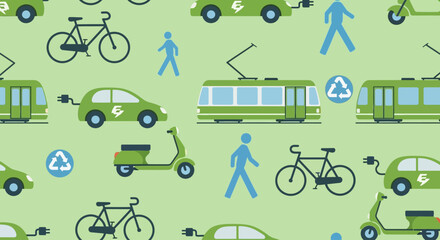 An inspiring flat design seamless pattern dedicated to eco-friendly transportation, ideal for environmental campaigns or sustainable living projects. It promotes green mobility and a healthier planet.