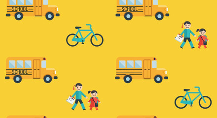 A delightful flat design seamless pattern illustrating school and education-related transportation, perfect for educational materials or children's designs. 