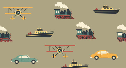 A charming flat design seamless pattern featuring vintage and retro transportation icons, ideal for historical themes or classic design projects. It evokes nostalgia and a timeless sense of travel.