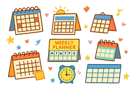Calendar and planner flat icons set. featuring weekly agenda, alarm clock, and schedule symbols - Powered by Adobe
