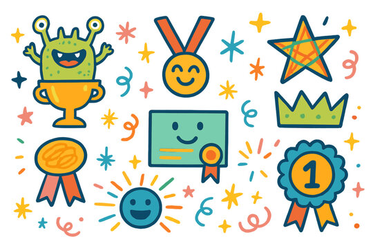 Rewards and achievements flat icon set. featuring medals, trophies, certificates, crowns, and ribbons.