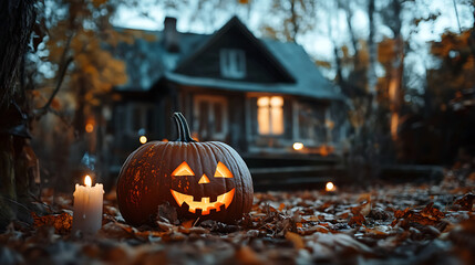 A jack o lantern and candle in front of a house at halloween