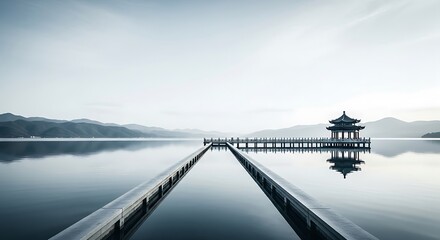 Peaceful lake view with a traditional chinese pavilion on the horizon