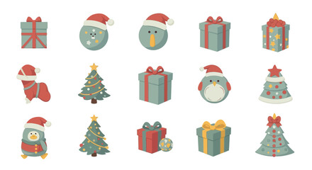 Festive christmas icon collection, adorable penguin characters and wrapped presents galore for