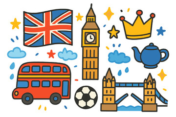 Naklejka premium London icons flat icon set. featuring flag, big ben, crown, bus, bridge, teapot, star, clouds, raindrops, and soccer ball symbols