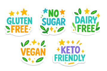 Food labels flat icon set. featuring gluten free, no sugar, dairy free, vegan, keto friendly symbols