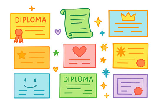Diploma and certificate flat icon set. featuring award, achievement, degree, seal, crown, star, scroll, and heart designs - Powered by Adobe