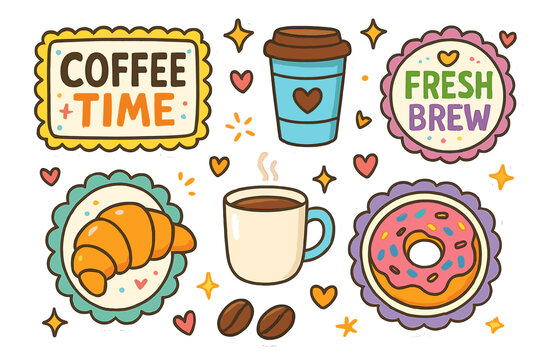 Coffee shop flat icon set. featuring coffee cup, croissant, doughnut, coffee beans, fresh brew signs