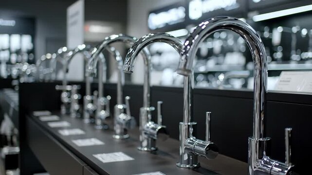 New, sleek chrome faucets for kitchen and bathroom sinks are showcased at a plumbing supply store, offering a variety of stylish taps for sale