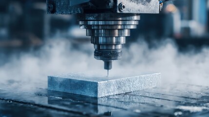 Industrial CNC Machine Cutting Metal Workpiece in Atmospheric Mist with Precision and Detail