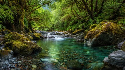 Obraz premium Tranquil Forest Stream Flowing Through Lush Greenery and Moss-Covered Rocks in a Serene Natural Landscape