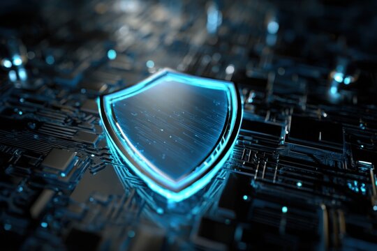 Digital protection concept showing a glowing cybersecurity shield surrounded by circuitry details and virtual elements in a modern tech environment
