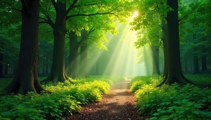 Obraz premium Sun-dappled forest path, lush green canopy overhead, sunlight filtering through leaves, creating a magical atmosphere Perfect for fantasy, nature, and fairytale themes , spring, trees