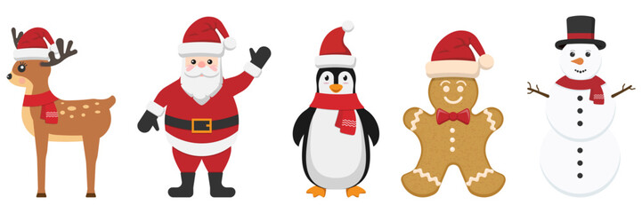 Adorable cartoon Christmas characters collection including Santa Claus, reindeer, penguin, gingerbread cookie, and snowman in red hats and scarves. Perfect for holiday cards, invitations, decorations,