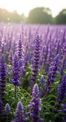 Obraz premium Closeup of vibrant purple salvia flowers in a field at golden hour
