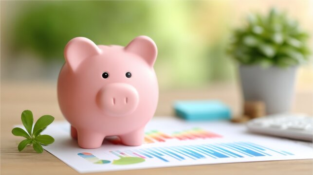 Cute pink piggy bank on desk with financial charts and plants