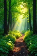 Fototapeta premium Sun-dappled forest path winding through lush green woods, sunlight filtering through leaves, creating a magical atmosphere Perfect for nature, travel, and environmental themes , woods, canopy