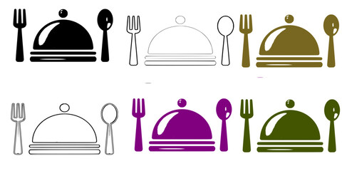 Set of Minimalist Restaurant and Dining Icons with Cloche, Fork, and Spoon in Various Colors and Styles