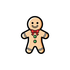 A cheerful, cartoon gingerbread man cookie with a red bow tie and green candy buttons, isolated on a white background, ready for holiday celebrations.