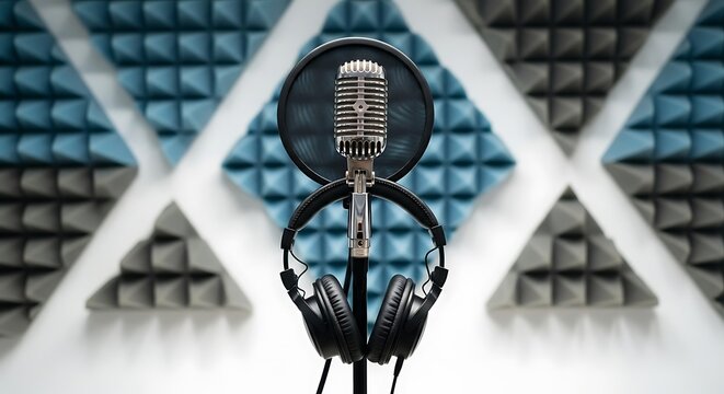 Professional recording studio setup featuring a classic microphone and headphones
