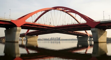 Naklejka premium The red bridge over the water reflects in the water on a sunny day