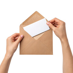 3d hands inserting card into kraft envelope isolated on transparent background