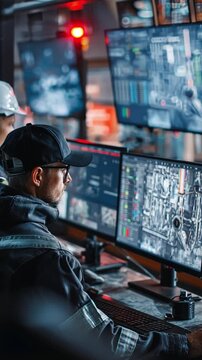 Industry Professional at Work: A focused industry professional meticulously monitors and manages intricate technological systems and data on a series of interactive monitors.