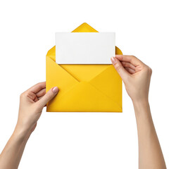 3d yellow envelope with blank card isolated on transparent background