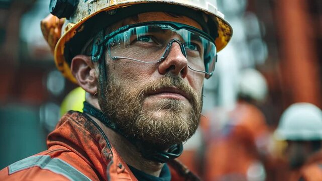 Focused Engineer at Construction: A portrait of a focused engineer in protective eyewear and helmet, surveying the bustling construction site, his determined gaze reflecting dedication and expertise.