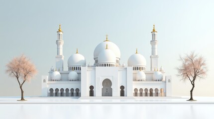 Fototapeta premium Elegant white mosque with autumn trees and reflective surface