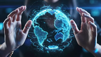 Woman interacting with spinning global network hologram. Digital earth technology for future communication and worldwide connection. - Powered by Adobe
