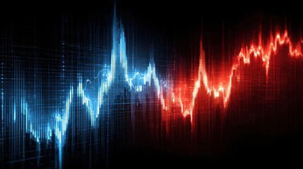 Abstract Digital Waveform in Blue and Red Colors Representing Sound or Data Frequencies in an Artistic Visualization