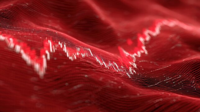 Abstract representation of financial downturn with red wave and declining graph trend lines illustrating market volatility and uncertainty - Powered by Adobe