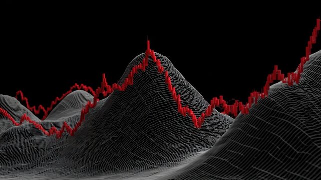 Abstract Visualization of Digital Stock Market Trends with Red and Black Color Scheme