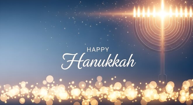 Happy hanukkah greeting card with menorah and sparkling lights background