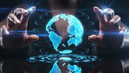 Woman interacting with spinning global network hologram. Digital earth projection connecting continents. Future communication technology concept. - Powered by Adobe