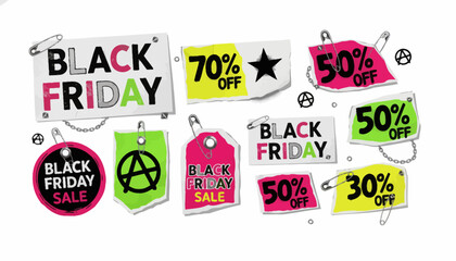 Edgy Black Friday Sale Badges with Discount Percentages and Safety Pins for Creative Marketing Designs