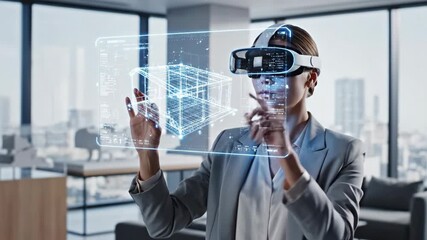 Woman architect engineer using vr virtual reality headset controlling 3d metaverse building construction project and checking data. Future technology. - Powered by Adobe