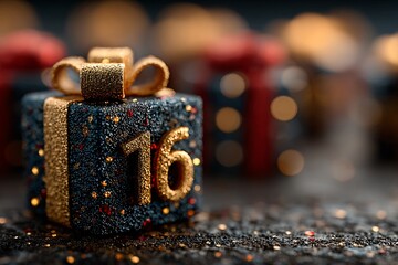 A dark, glittery gift box with the number 16, possibly part of an advent calendar, evokes festive anticipation.