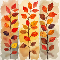Three Watercolor Autumn Leafy Tree Twigs – Vertical Fall Botanical Illustration