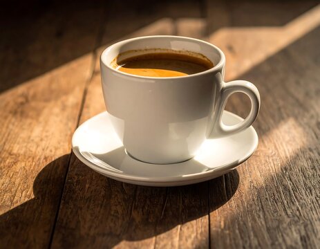A white ceramic cup filled with coffee sits on a saucer on a wooden surface