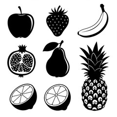 Stylized fruit collection: apple, strawberry, banana, pear, pineapple.