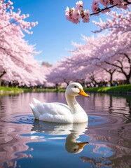 Obraz premium A white duck swims in a serene pond surrounded by blooming cherry trees