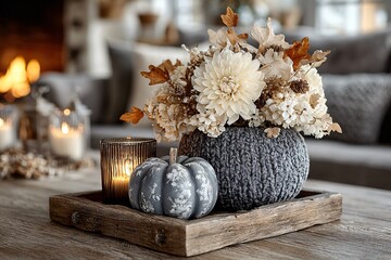 Cozy autumnal home decor with flowers, pumpkins, and candles on a wooden tray in a rustic living room setting.