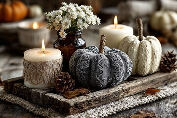 Cozy autumn still life with decorated pumpkins, candles, and flowers on a rustic wooden tray.
