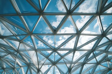 Geometric Glass Ceiling with Steel Frame and Blue Sky Above, Architectural Design with Triangular Patterns and Sunlight Through